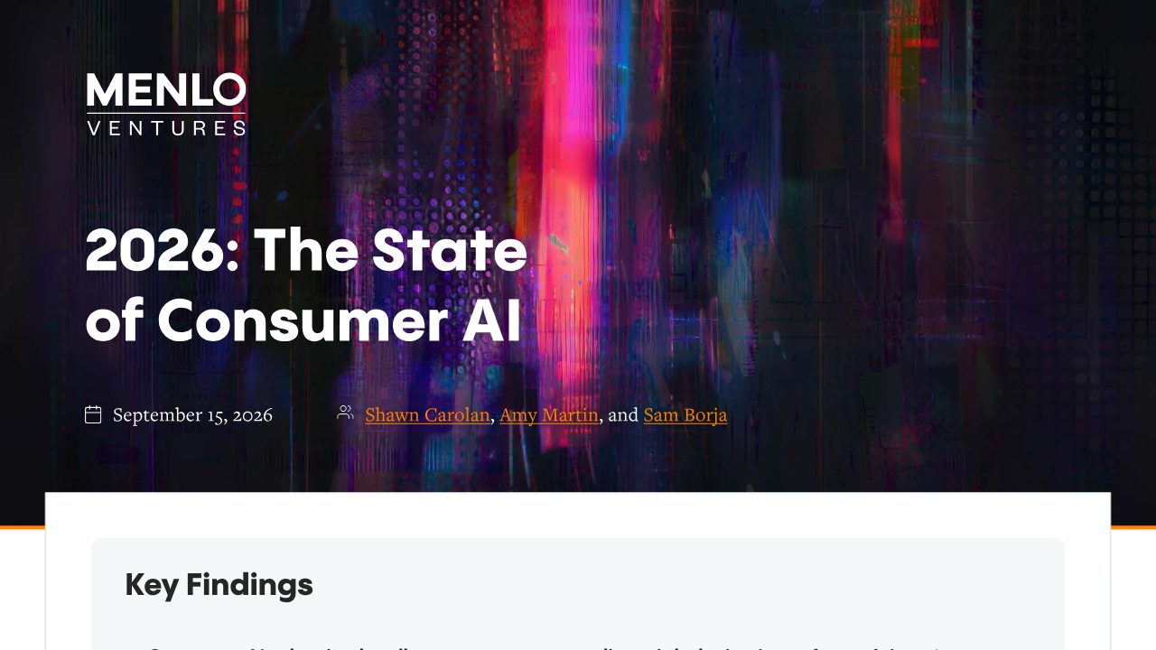 First page of 2026: The State of Consumer AI (Menlo Ventures, September 2026): consumer AI spend tripled to $40B