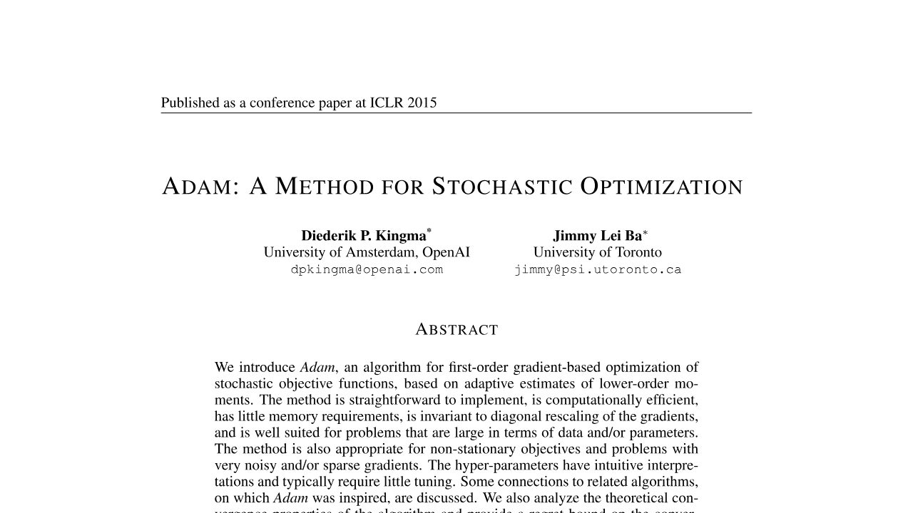 First page of Adam: A Method for Stochastic Optimization (2014): the default optimizer for nearly every neural network since