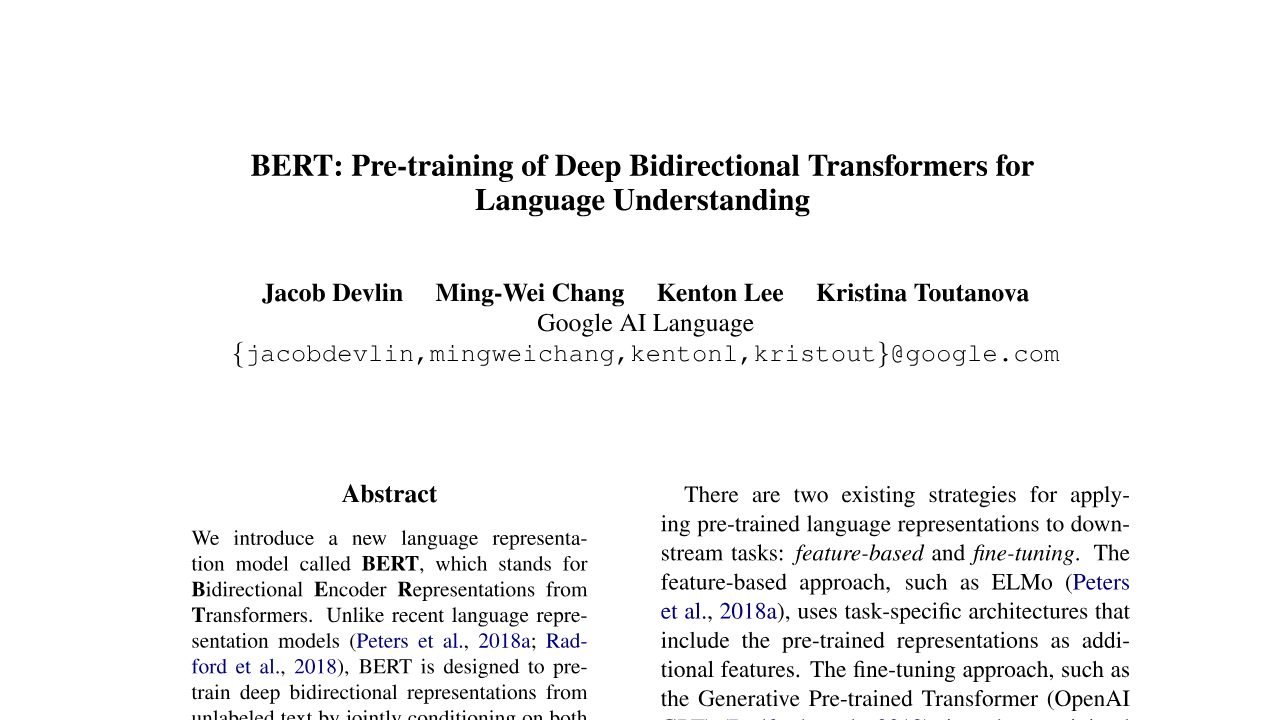 First page of BERT: Pre-training of Deep Bidirectional Transformers for Language Understanding (2018)