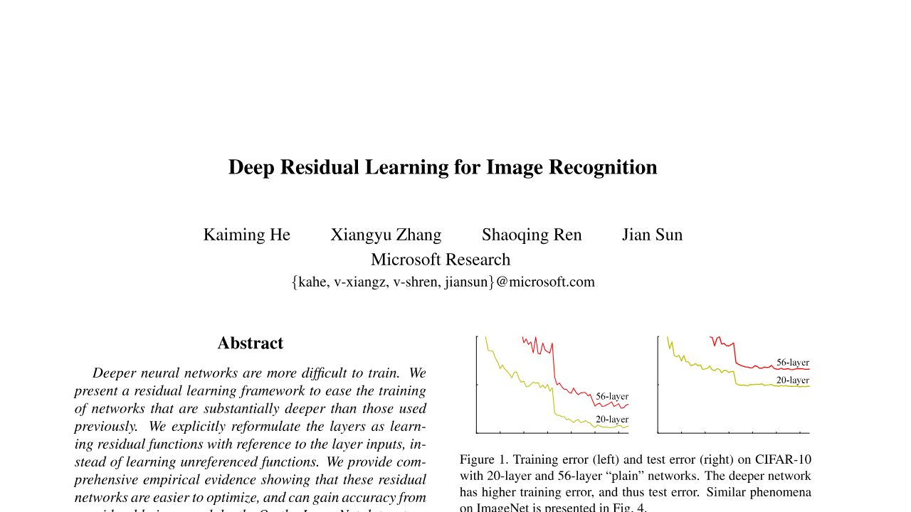 First page of Deep Residual Learning for Image Recognition (ResNet, 2015): skip connections make 100+-layer networks trainable