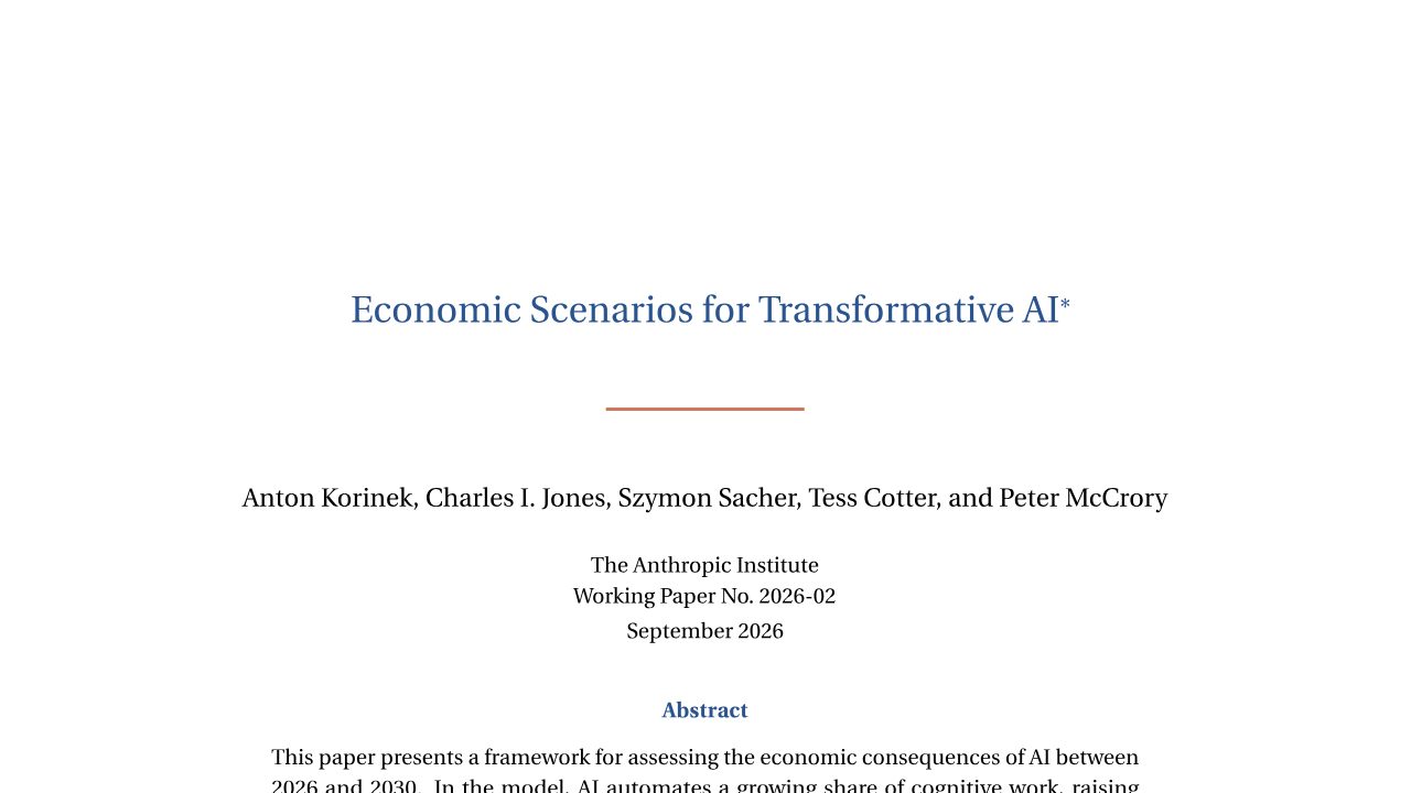 First page of Economic Scenarios for Transformative AI (Anthropic, September 2026): extreme case puts GDP growth at 15% a year