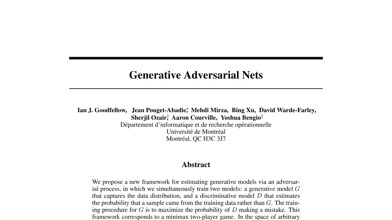 First page of Generative Adversarial Nets (2014): Goodfellow's generator-vs-discriminator game that created modern generative AI