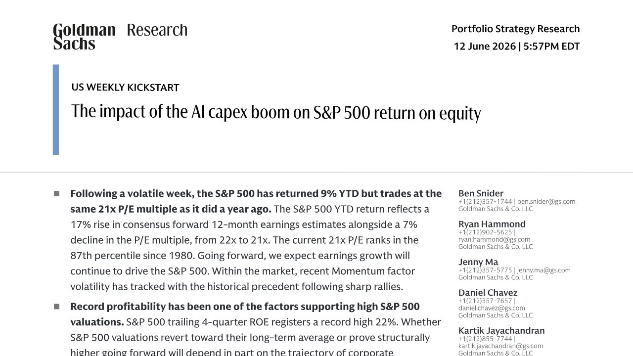 First page of Goldman Sachs: what the AI capex boom does to S&P 500 profitability