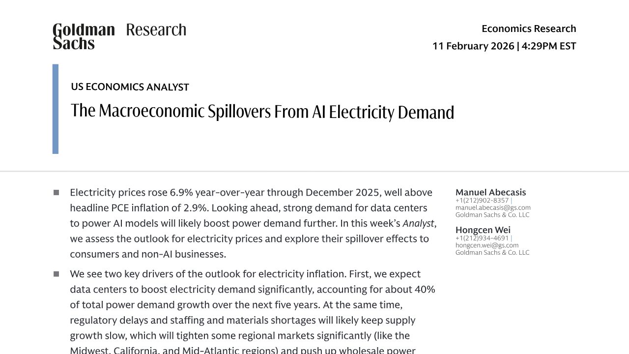First page of Goldman Sachs: data centers will drive ~40% of US power-demand growth and push up electricity prices