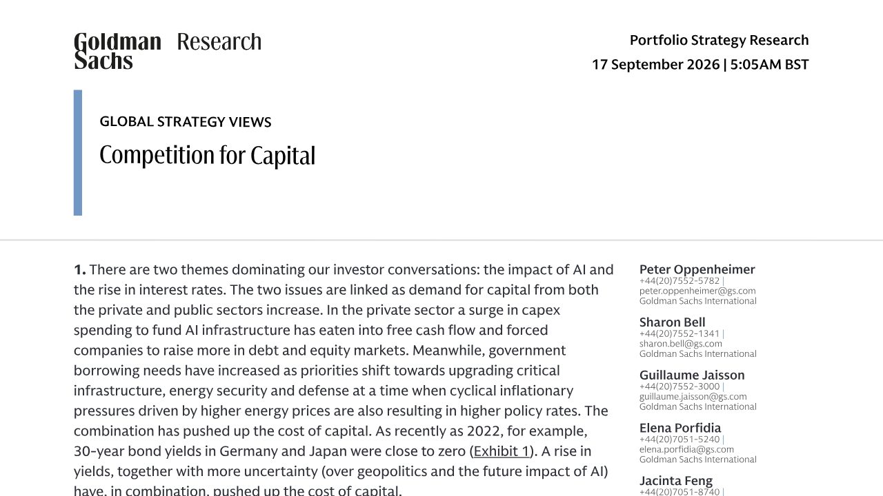 First page of Goldman Sachs: AI capex and higher rates are now competing for the same capital