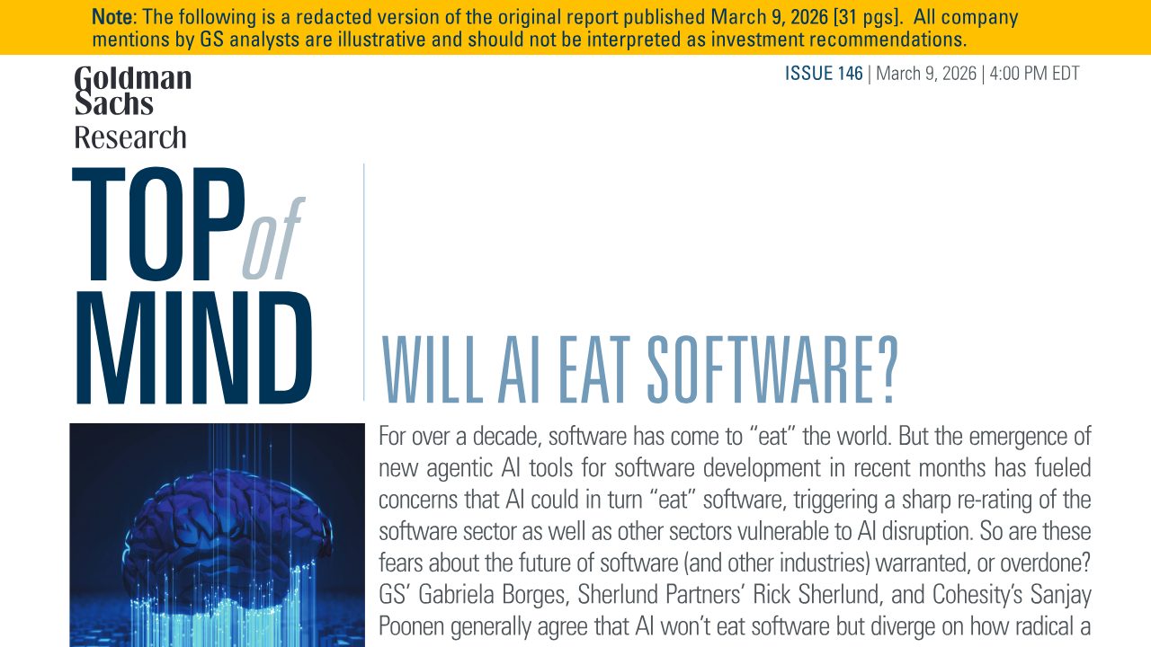 First page of Goldman Sachs: Will AI eat software? Top of Mind on the agentic threat to SaaS