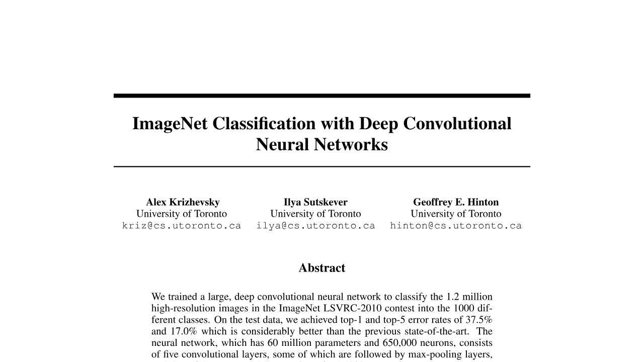 First page of ImageNet Classification with Deep Convolutional Neural Networks (AlexNet, 2012): the result that launched deep learning