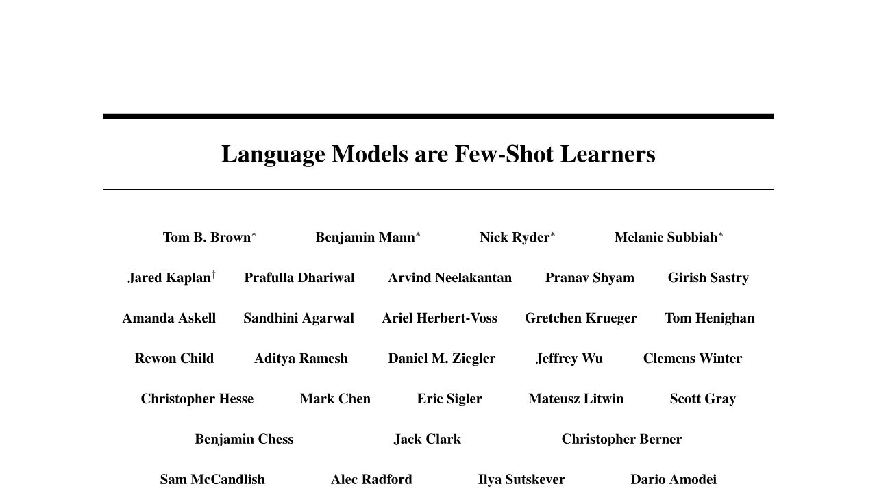 First page of Language Models are Few-Shot Learners (GPT-3, 2020): 175B parameters and the discovery of in-context learning