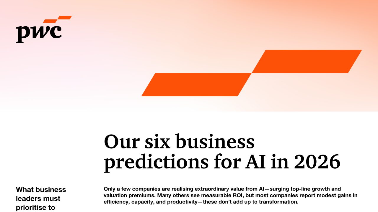 First page of PwC: Our six business predictions for AI in 2026, why value stays concentrated in a few companies