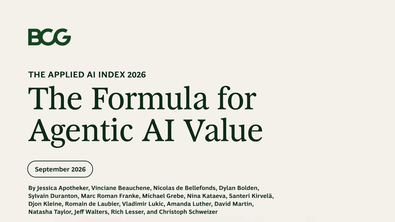 First page of The Formula for Agentic AI Value (BCG, September 2026): agents now deliver 22% of AI value, heading to 39% by 2030