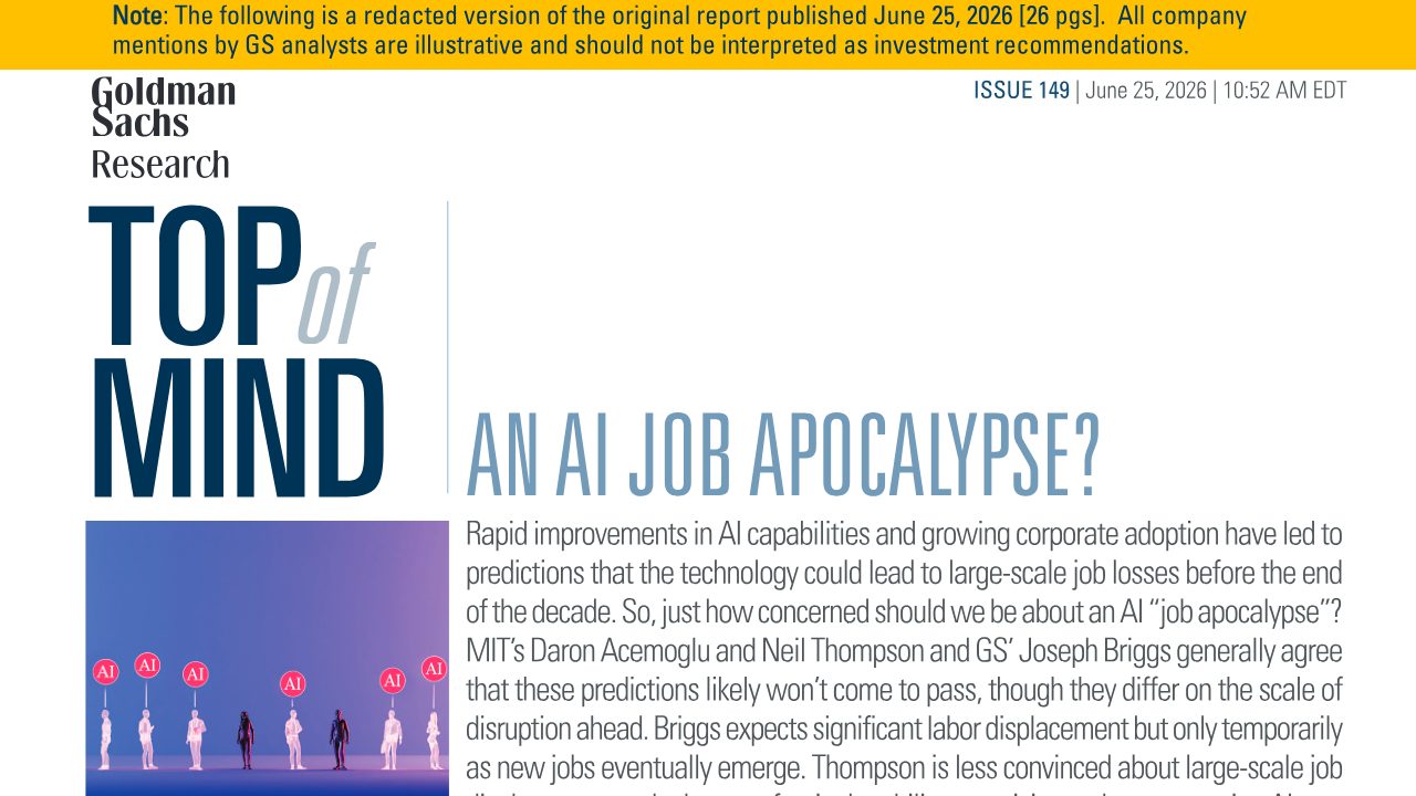 First page of Top of Mind: An AI Job Apocalypse? (Goldman Sachs, June 2026): mass job losses unlikely, displacement still real