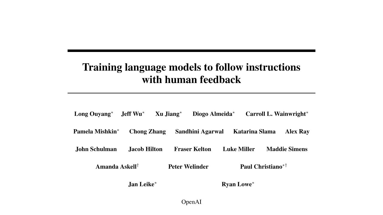 First page of Training language models to follow instructions with human feedback (InstructGPT, 2022): the RLHF recipe behind ChatGPT
