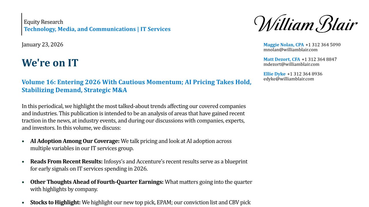 First page of William Blair: Entering 2026 with cautious momentum. AI pricing takes hold in IT services